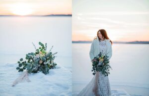 en blomsterbukett som ligger på snön och bild bredvid på mörkhårig brud med blomsterbukett vid solnedgång